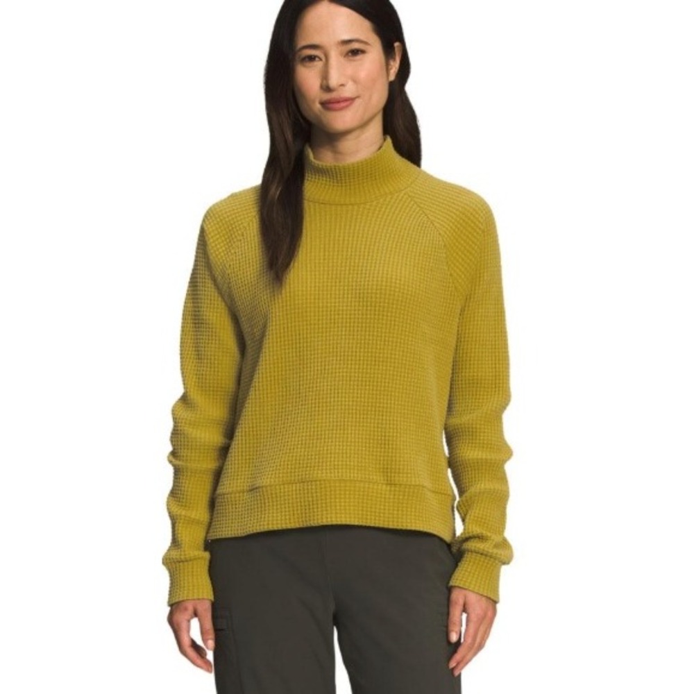 North Face Womens Mock Neck Chabot Yellow Waffle Pullover Top Long Sleeve Medium